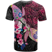 Hawaiian Couple Turtles Honi T Shirt Polynesian Art Motifs and Hibiscus Black Red Color - Polynesian Pride