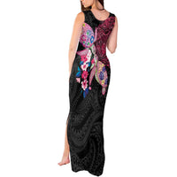 Hawaiian Couple Turtles Honi Tank Maxi Dress Polynesian Art Motifs and Hibiscus Black Red Color - Polynesian Pride