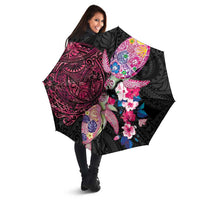 Hawaiian Couple Turtles Honi Umbrella Polynesian Art Motifs and Hibiscus Black Red Color - Polynesian Pride