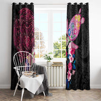 Hawaiian Couple Turtles Honi Window Curtain Polynesian Art Motifs and Hibiscus Black Red Color - Polynesian Pride
