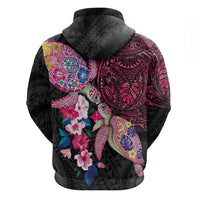 Hawaiian Couple Turtles Honi Zip Hoodie Polynesian Art Motifs and Hibiscus Black Red Color - Polynesian Pride