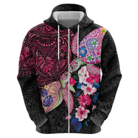 Hawaiian Couple Turtles Honi Zip Hoodie Polynesian Art Motifs and Hibiscus Black Red Color - Polynesian Pride