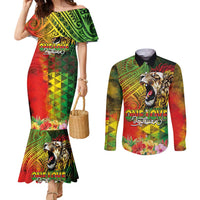 Hawaiian Reggae Couples Matching Mermaid Dress and Long Sleeve Button Shirt Jawaiian One Love-Tribal Tatoos and Rastafari Lion - Polynesian Pride