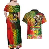 Hawaiian Reggae Couples Matching Off Shoulder Maxi Dress and Hawaiian Shirt Jawaiian One Love-Tribal Tatoos and Rastafari Lion - Polynesian Pride