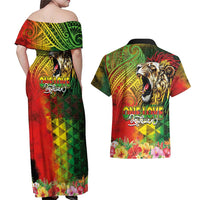 Hawaiian Reggae Couples Matching Off Shoulder Maxi Dress and Hawaiian Shirt Jawaiian One Love-Tribal Tatoos and Rastafari Lion - Polynesian Pride