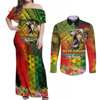Hawaiian Reggae Couples Matching Off Shoulder Maxi Dress and Long Sleeve Button Shirt Jawaiian One Love-Tribal Tatoos and Rastafari Lion - Polynesian Pride
