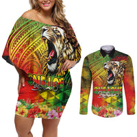 Hawaiian Reggae Couples Matching Off Shoulder Short Dress and Long Sleeve Button Shirt Jawaiian One Love-Tribal Tatoos and Rastafari Lion - Polynesian Pride