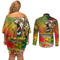 Hawaiian Reggae Couples Matching Off Shoulder Short Dress and Long Sleeve Button Shirt Jawaiian One Love-Tribal Tatoos and Rastafari Lion - Polynesian Pride