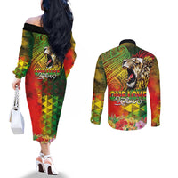 Hawaiian Reggae Couples Matching Off The Shoulder Long Sleeve Dress and Long Sleeve Button Shirt Jawaiian One Love-Tribal Tatoos and Rastafari Lion - Polynesian Pride