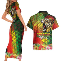 Hawaiian Reggae Couples Matching Short Sleeve Bodycon Dress and Hawaiian Shirt Jawaiian One Love-Tribal Tatoos and Rastafari Lion - Polynesian Pride