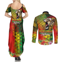 Hawaiian Reggae Couples Matching Summer Maxi Dress and Long Sleeve Button Shirt Jawaiian One Love-Tribal Tatoos and Rastafari Lion - Polynesian Pride