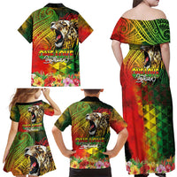 Hawaiian Reggae Family Matching Off Shoulder Maxi Dress and Hawaiian Shirt Jawaiian One Love-Tribal Tatoos and Rastafari Lion - Polynesian Pride