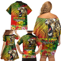 Hawaiian Reggae Family Matching Off Shoulder Short Dress and Hawaiian Shirt Jawaiian One Love-Tribal Tatoos and Rastafari Lion - Polynesian Pride