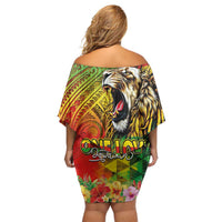 Hawaiian Reggae Family Matching Off Shoulder Short Dress and Hawaiian Shirt Jawaiian One Love-Tribal Tatoos and Rastafari Lion - Polynesian Pride