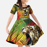 Hawaiian Reggae Family Matching Tank Maxi Dress and Hawaiian Shirt Jawaiian One Love-Tribal Tatoos and Rastafari Lion LT03 Daughter's Dress Multicolor - Polynesian Pride
