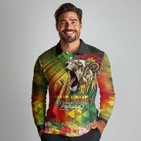 Hawaiian Reggae Long Sleeve Polo Shirt Jawaiian One Love-Tribal Tatoos and Rastafari Lion - Polynesian Pride