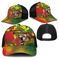 Hawaiian Reggae Baseball Net Cap Kakau Art Motifs with Ohia Lehua and Rastafari Lion - Polynesian Pride