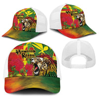 Hawaiian Reggae Baseball Net Cap Kakau Art Motifs with Ohia Lehua and Rastafari Lion - Polynesian Pride