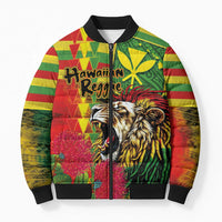 Hawaiian Reggae Bomber Puffer Jacket Kakau Art Motifs with Ohia Lehua and Rastafari Lion - Polynesian Pride