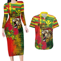 Hawaiian Reggae Couples Matching Long Sleeve Bodycon Dress and Hawaiian Shirt Kakau Art Motifs with Ohia Lehua and Rastafari Lion - Polynesian Pride