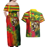 Hawaiian Reggae Couples Matching Off Shoulder Maxi Dress and Hawaiian Shirt Kakau Art Motifs with Ohia Lehua and Rastafari Lion - Polynesian Pride