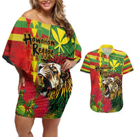 Hawaiian Reggae Couples Matching Off Shoulder Short Dress and Hawaiian Shirt Kakau Art Motifs with Ohia Lehua and Rastafari Lion - Polynesian Pride