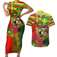Hawaiian Reggae Couples Matching Short Sleeve Bodycon Dress and Hawaiian Shirt Kakau Art Motifs with Ohia Lehua and Rastafari Lion - Polynesian Pride