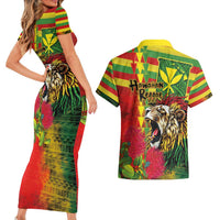 Hawaiian Reggae Couples Matching Short Sleeve Bodycon Dress and Hawaiian Shirt Kakau Art Motifs with Ohia Lehua and Rastafari Lion - Polynesian Pride