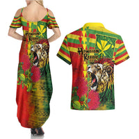 Hawaiian Reggae Couples Matching Summer Maxi Dress and Hawaiian Shirt Kakau Art Motifs with Ohia Lehua and Rastafari Lion - Polynesian Pride