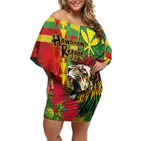 Hawaiian Reggae Family Matching Off Shoulder Short Dress and Hawaiian Shirt Kakau Art Motifs with Ohia Lehua and Rastafari Lion - Polynesian Pride