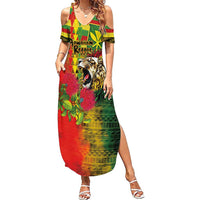 Hawaiian Reggae Family Matching Summer Maxi Dress and Hawaiian Shirt Kakau Art Motifs with Ohia Lehua and Rastafari Lion - Polynesian Pride