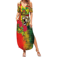 Hawaiian Reggae Family Matching Summer Maxi Dress and Hawaiian Shirt Kakau Art Motifs with Ohia Lehua and Rastafari Lion - Polynesian Pride