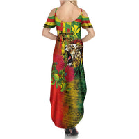Hawaiian Reggae Family Matching Summer Maxi Dress and Hawaiian Shirt Kakau Art Motifs with Ohia Lehua and Rastafari Lion - Polynesian Pride
