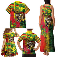 Hawaiian Reggae Family Matching Tank Maxi Dress and Hawaiian Shirt Kakau Art Motifs with Ohia Lehua and Rastafari Lion - Polynesian Pride