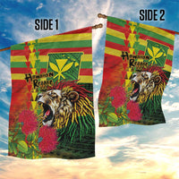 Hawaiian Reggae Garden Flag Kakau Art Motifs with Ohia Lehua and Rastafari Lion - Polynesian Pride