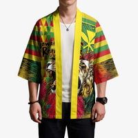 Hawaiian Reggae Kimono Kakau Art Motifs with Ohia Lehua and Rastafari Lion - Polynesian Pride