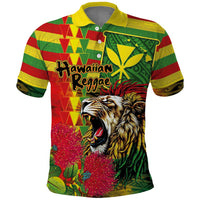Hawaiian Reggae Polo Shirt Kakau Art Motifs with Ohia Lehua and Rastafari Lion - Polynesian Pride