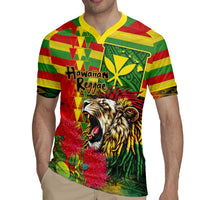 Hawaiian Reggae Rugby Jersey Kakau Art Motifs with Ohia Lehua and Rastafari Lion - Polynesian Pride