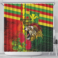 Hawaiian Reggae Shower Curtain Kakau Art Motifs with Ohia Lehua and Rastafari Lion - Polynesian Pride