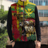 Hawaiian Reggae Sleeveless Puffer Jacket Kakau Art Motifs with Ohia Lehua and Rastafari Lion - Polynesian Pride