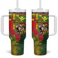 Hawaiian Reggae Tumbler With Handle Kakau Art Motifs with Ohia Lehua and Rastafari Lion - Polynesian Pride