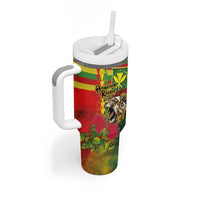 Hawaiian Reggae Tumbler With Handle Kakau Art Motifs with Ohia Lehua and Rastafari Lion - Polynesian Pride