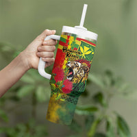 Hawaiian Reggae Tumbler With Handle Kakau Art Motifs with Ohia Lehua and Rastafari Lion - Polynesian Pride