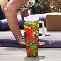 Hawaiian Reggae Tumbler With Handle Kakau Art Motifs with Ohia Lehua and Rastafari Lion - Polynesian Pride