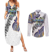 Traditional Art Hawaiian Kakau Tattoos Couples Matching Summer Maxi Dress and Long Sleeve Button Shirt Graffiti Style - Polynesian Pride