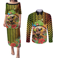 Hawaii Womens Day Wahine Couples Matching Puletasi and Long Sleeve Button Shirt Strong Beautiful Woman with Kakau Style LT03 Red - Polynesian Pride