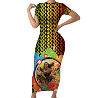 Hawaii Womens Day Wahine Short Sleeve Bodycon Dress Strong Beautiful Woman with Kakau Style LT03 Long Dress Red - Polynesian Pride