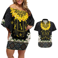 Flores de Mayo and Filipino Fiesta Couples Matching Off Shoulder Short Dress and Hawaiian Shirt The Sun-Jasmine and Polynesian Yakan Tattoo Barong Style