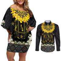 Flores de Mayo and Filipino Fiesta Couples Matching Off Shoulder Short Dress and Long Sleeve Button Shirt The Sun-Jasmine and Polynesian Yakan Tattoo Barong Style
