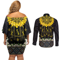 Flores de Mayo and Filipino Fiesta Couples Matching Off Shoulder Short Dress and Long Sleeve Button Shirt The Sun-Jasmine and Polynesian Yakan Tattoo Barong Style